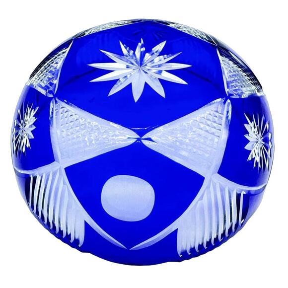 Cobalt Blue Crystal Cut to Clear Bowl with Scallop and Sawtooth Rim ~7.5" Diam - Picture 3 of 13